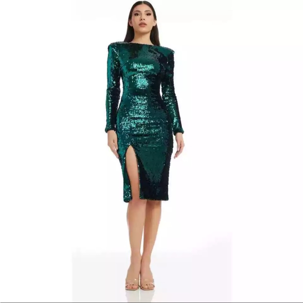 Dress the Population Natalie Green Sequin Midi Dress EUC
